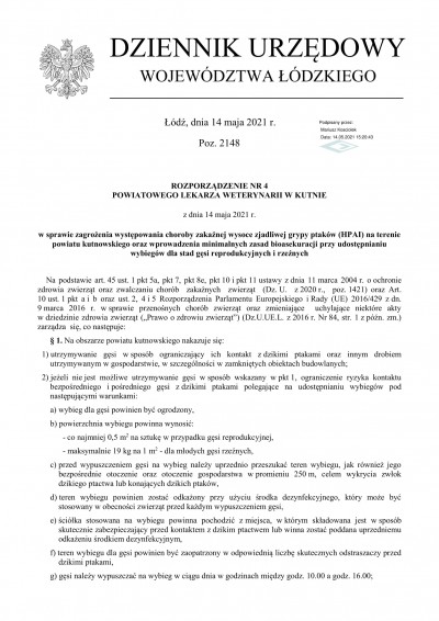 Rozporządzenia Powiatowego Lekarza Weterynarii w Kutnie dotyczące zagrożenia występowania choroby zakaźnej wysoce zjadliwej grypy ptaków (HPAI) na terenie powiatu kutnowskiego.