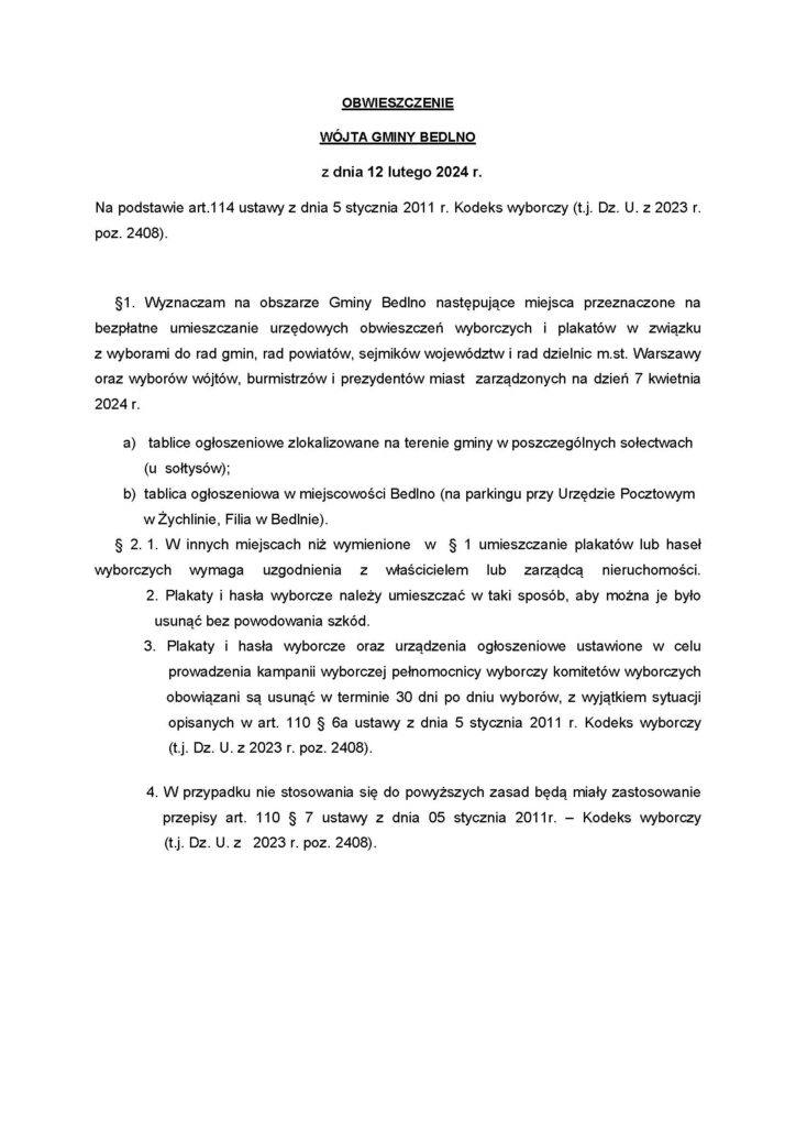 Obwieszczenie Wójta Gminy Bedlno z dnia 12 lutego 2024 r. dotyczące wyznaczenia miejsca przeznaczone na bezpłatne umieszczanie urzędowych obwieszczeń wyborczych i plakatów w związku z wyborami