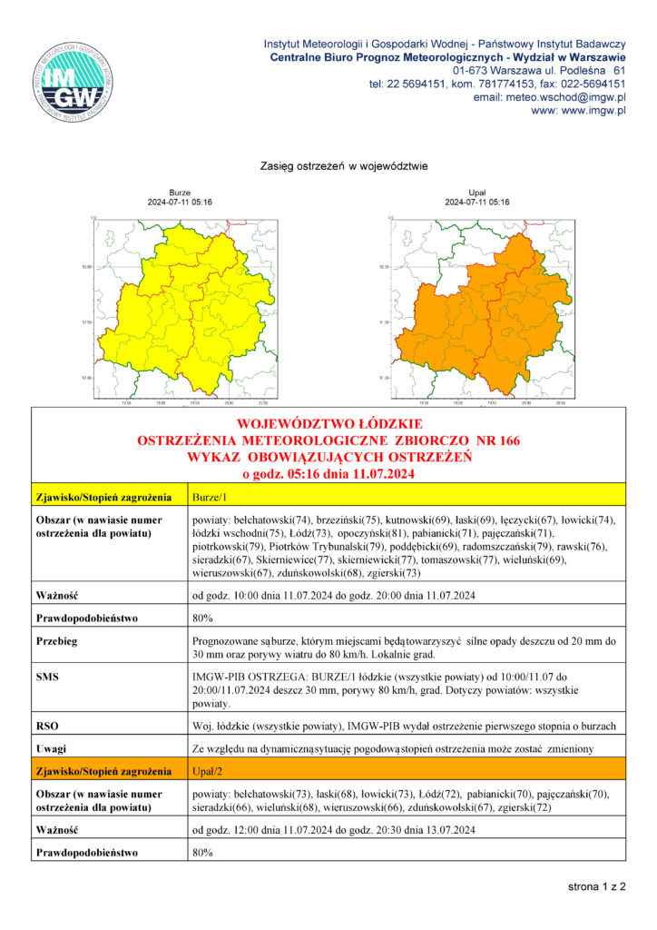 WOJEWÓDZTWO ŁÓDZKIE OSTRZEŻENIA METEOROLOGICZNE ZBIORCZO NR 166 WYKAZ OBOWIĄZUJĄCYCH OSTRZEŻEŃ o godz. 05:16 dnia 11.07.2024