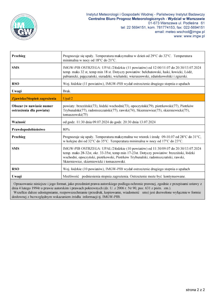 WOJEWÓDZTWO ŁÓDZKIE OSTRZEŻENIA METEOROLOGICZNE ZBIORCZO NR 166 WYKAZ OBOWIĄZUJĄCYCH OSTRZEŻEŃ o godz. 05:16 dnia 11.07.2024