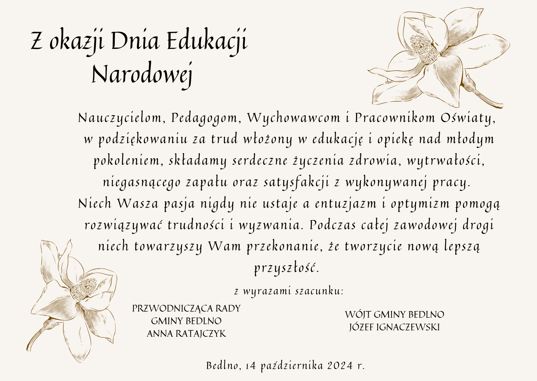 Życzenia dla nauczycieli i pracowników szkoły z okazji Dnia Edukacji Narodowej