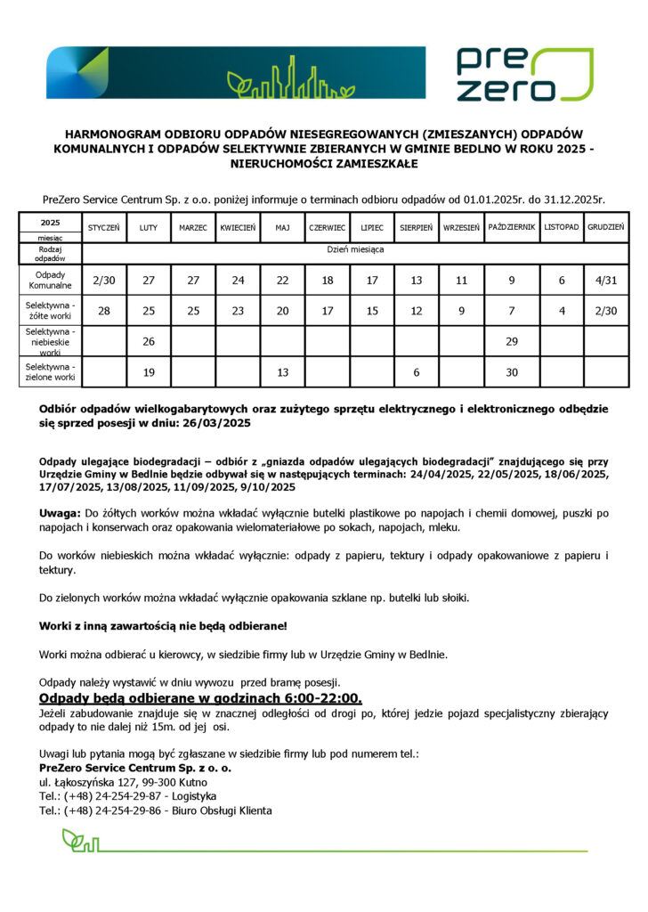 HARMONOGRAM ODBIORU ODPADÓW NIESEGREGOWANYCH (ZMIESZANYCH) ODPADÓW KOMUNALNYCH I ODPADÓW SELEKTYWNIE ZBIERANYCH W GMINIE BEDLNO W ROKU 2025 -NIERUCHOMOŚCI ZAMIESZKAŁE