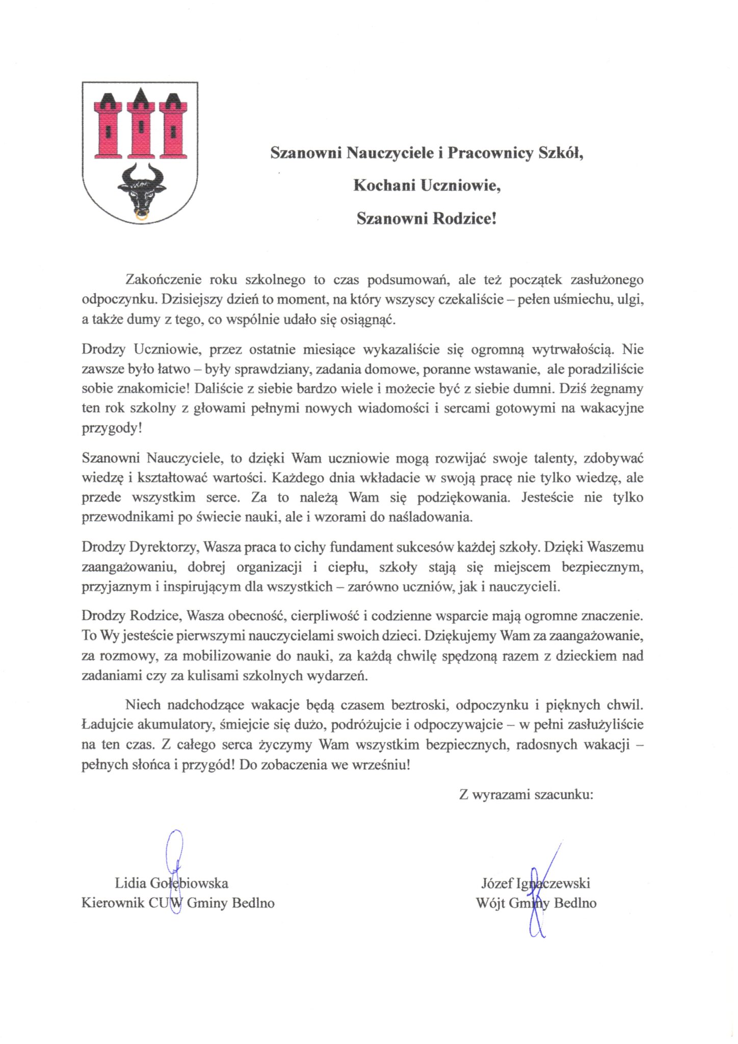 Życzenia Wójta Gminy Bedlno z okazji zakończenia roku szkolnego 20242025.