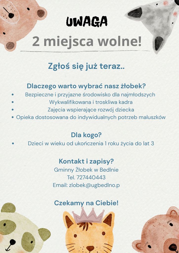 Gminny Żłobek w Bedlnie informuje, że dostępne są 2 wolne miejsca dla dzieci w wieku od 1 do 3 lat.