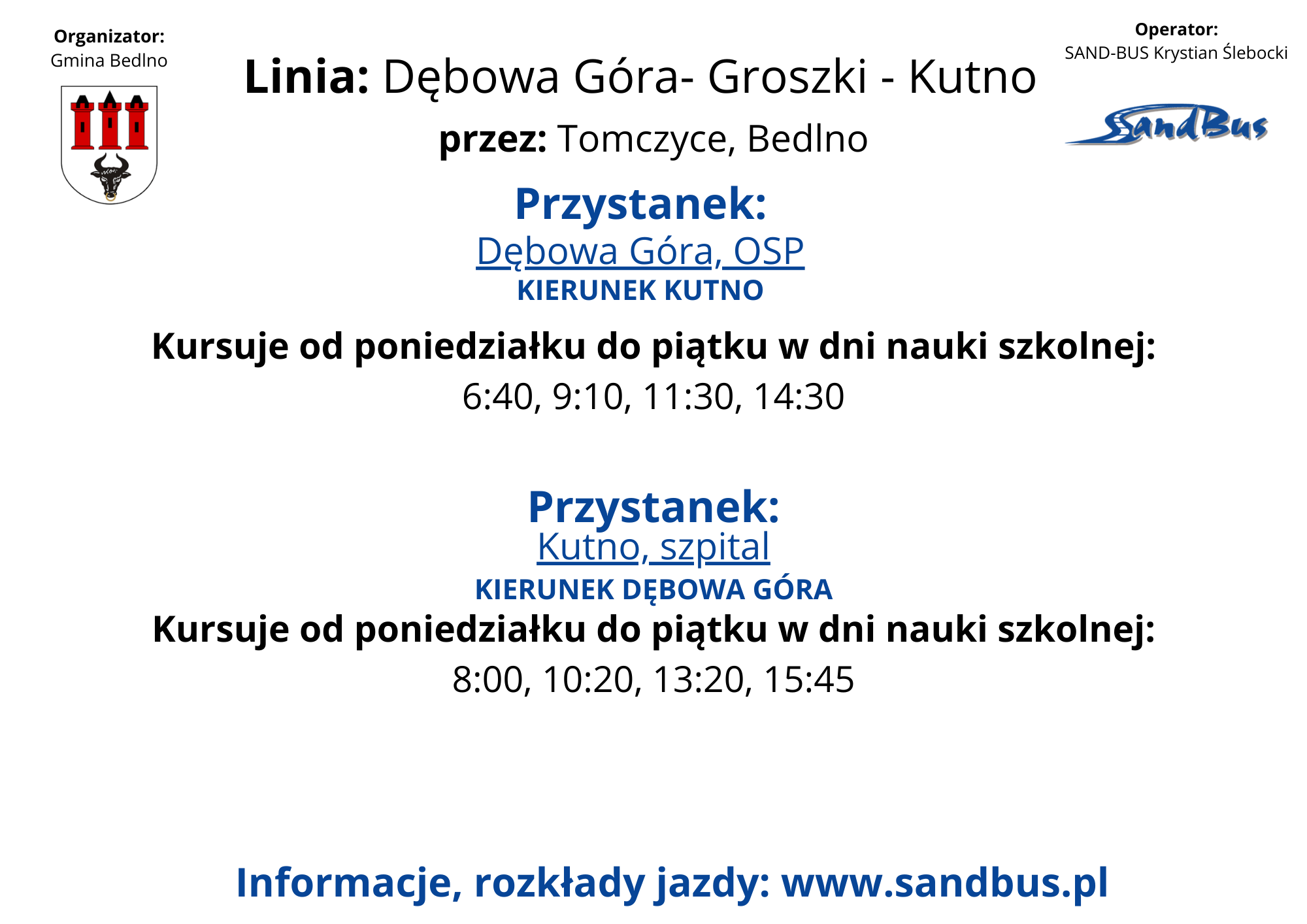 Rozkład jazdy linii komunikacyjnych, których organizatorem jest Gmina Bedlno na 2026 rok