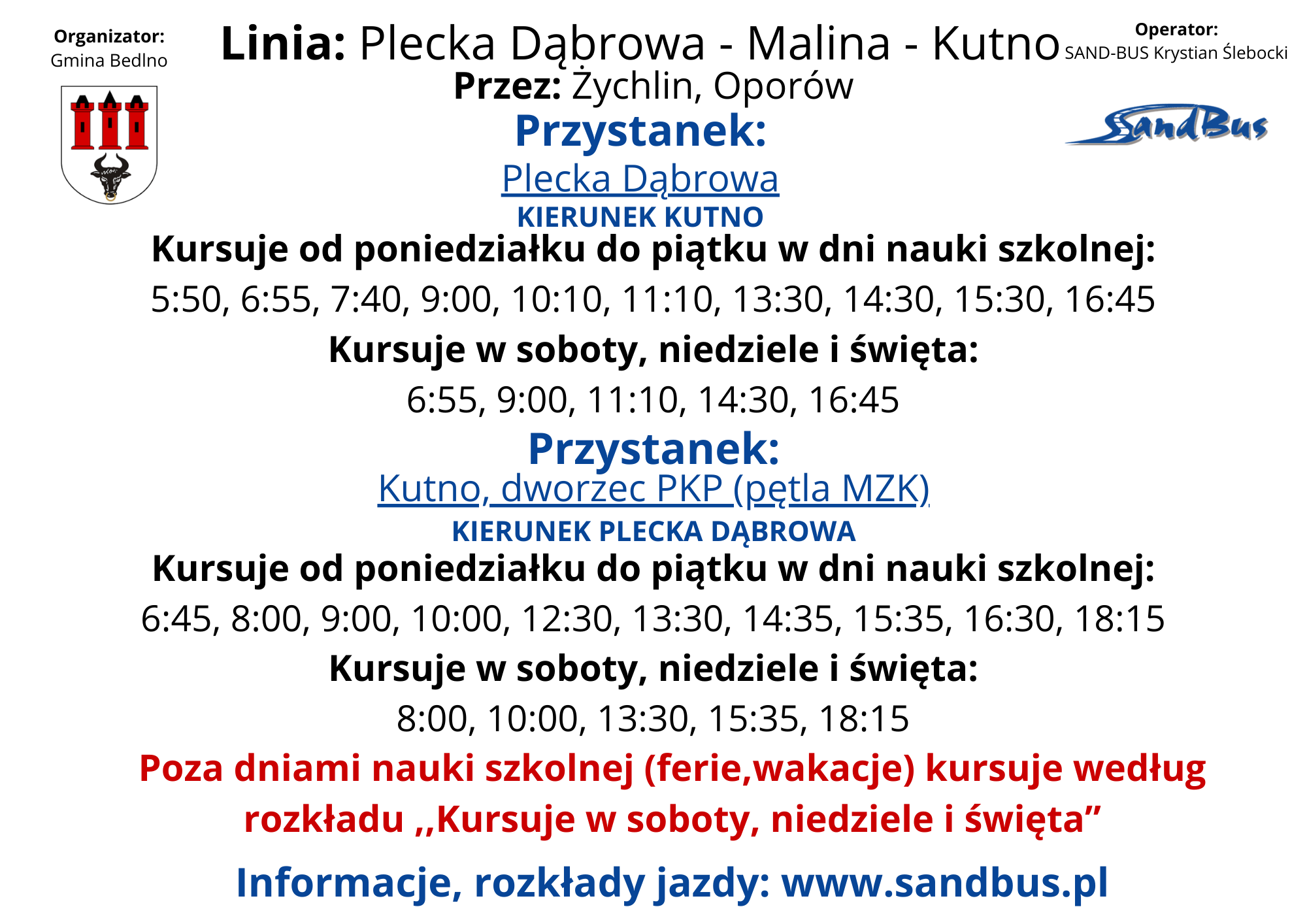 Rozkład jazdy linii komunikacyjnych, których organizatorem jest Gmina Bedlno na 2026 rok